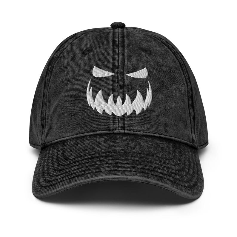 Black Halloween Hat: Embroidered Pumpkin Face, Spooky Costume Accessory