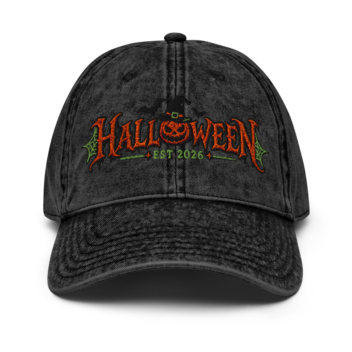 Black Halloween Est. 2026 embroidered vintage baseball cap – front view | LONE AURA