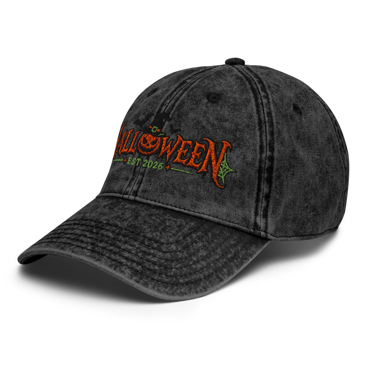 Black Halloween Est. 2026 embroidered vintage baseball cap – three-quarter front view | LONE AURA