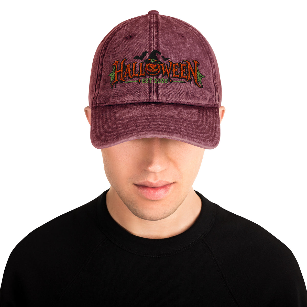 Maroon Halloween Est. 2026 embroidered vintage baseball cap – additional front view | LONE AURA