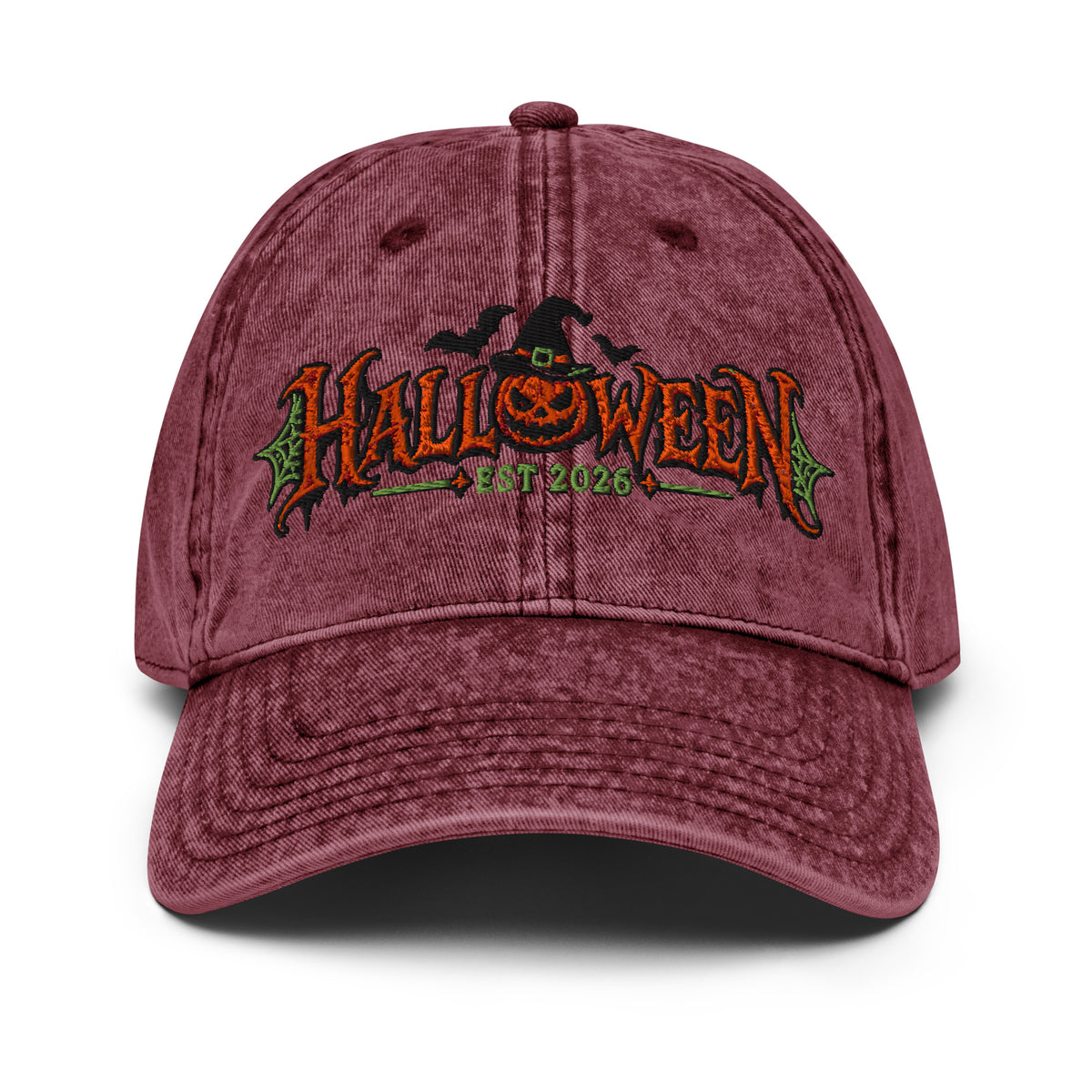 Maroon Halloween Est. 2026 embroidered vintage baseball cap – front view | LONE AURA