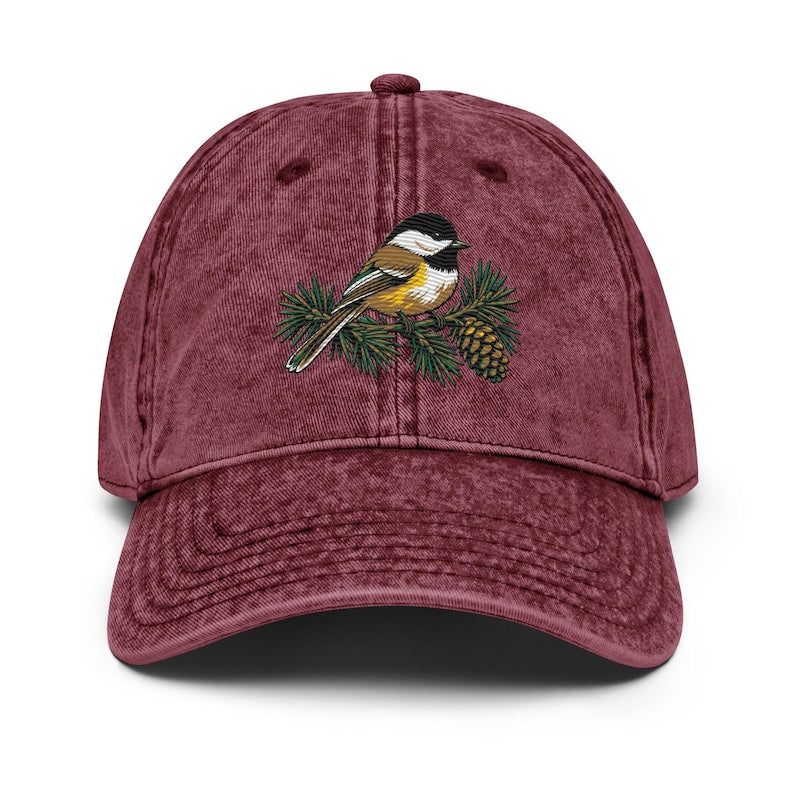Chickadee Bird Hat, Embroidered Birdwatching Cap, Birder Gift