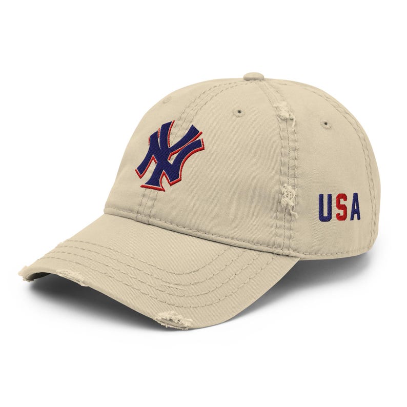 NY Embroidered Distressed Dad Hat | NYC USA Side Embroidery, Unstructured Cap