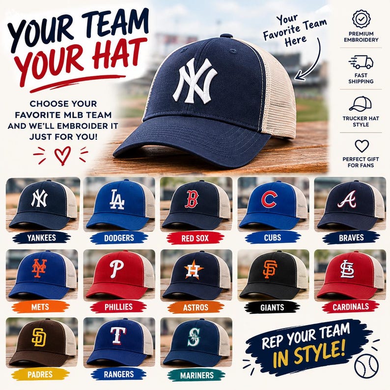 Custom Baseball Trucker Hat, Personalized Team Embroidered Cap