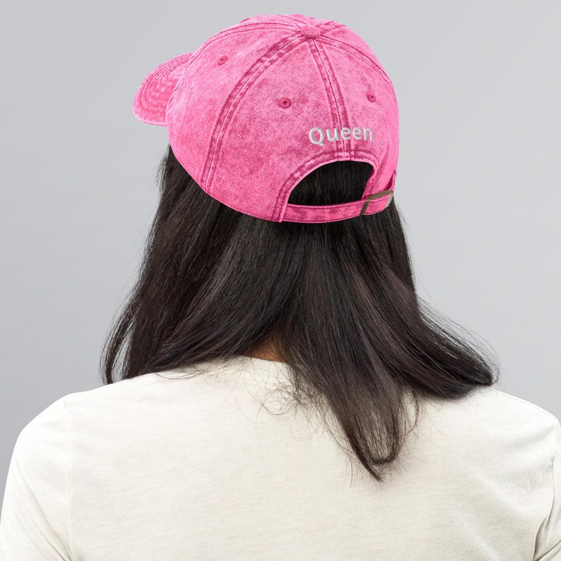 Pink Vintage Cotton Twill Cap | White Queen Embroidery Baseball Hat